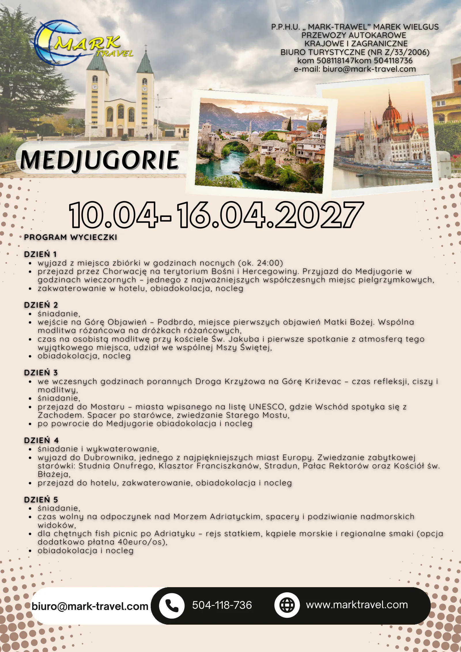 Pielgrzymka do Medjugorje 10–16.04.2027 – program, strona 1