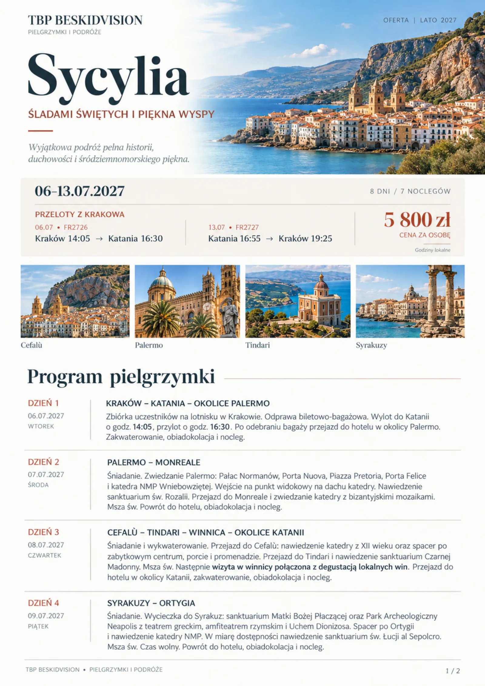 Pielgrzymka na Sycylię 06–13.07.2027 – program, strona 1